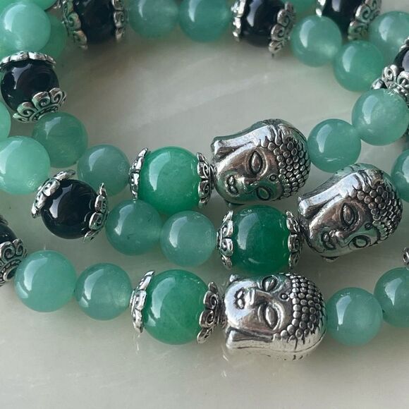 Green aventurine jade obsidian Buddha ONE stretch beaded bracelet NEW reiki medi - Picture 3 of 10